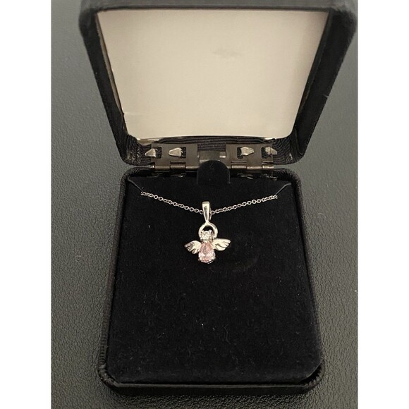 925 STERLING SILVER Pink Guardian Angel Necklace & Pendent October Birth Stone - Picture 1 of 5